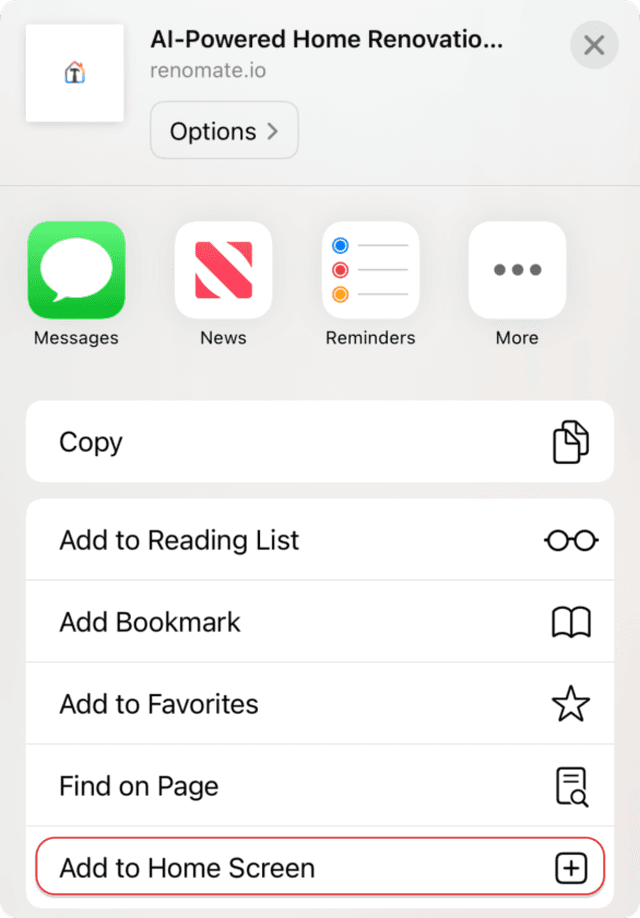 Add to Home Screen menu screenshot